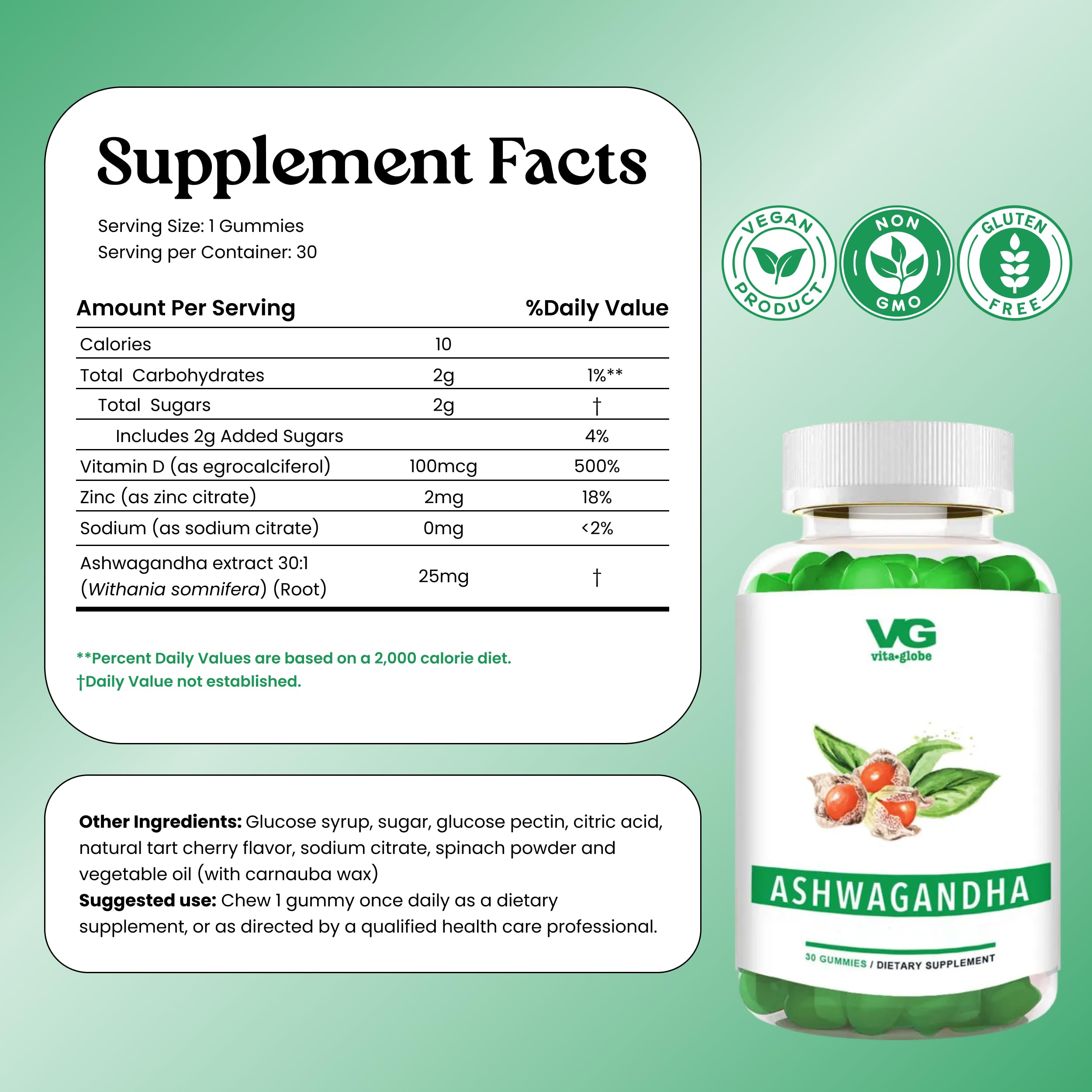 Amazon.com: VITA GLOBE Ashwagandha Gummies 25mg with Vitamin D2